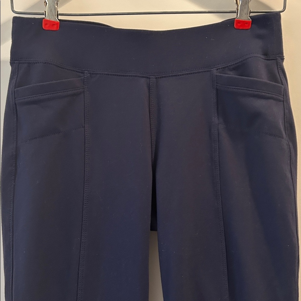 Athleta 2015 wide band straight leg Leggings Pants seams Stretchy Pockets S blue